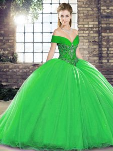 Fancy Lace Up 15 Quinceanera Dress Green for Military Ball and Sweet 16 and Quinceanera with Beading Brush Train