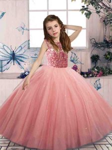 Floor Length Watermelon Red Kids Formal Wear Tulle Sleeveless Beading