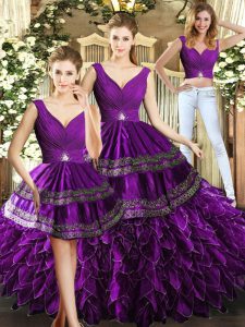 Purple Sweet 16 Quinceanera Dress Military Ball and Sweet 16 and Quinceanera with Beading and Embroidery and Ruffles V-neck Sleeveless Backless