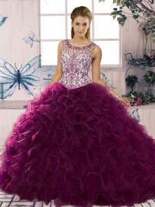 Affordable Dark Purple Ball Gowns Scoop Sleeveless Organza Floor Length Lace Up Beading and Ruffles Quinceanera Gown