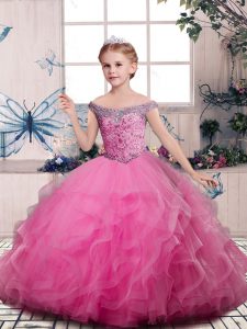 V-neck Sleeveless Girls Pageant Dresses Floor Length Beading and Ruffles Pink Tulle