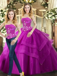 Fuchsia Ball Gowns Strapless Sleeveless Tulle Floor Length Lace Up Beading and Ruffles 15 Quinceanera Dress