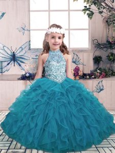 Most Popular Teal Lace Up Halter Top Beading and Ruffles Little Girls Pageant Dress Wholesale Tulle Sleeveless
