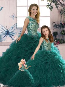 Most Popular Peacock Green Scoop Neckline Beading and Ruffles Sweet 16 Dresses Sleeveless Lace Up