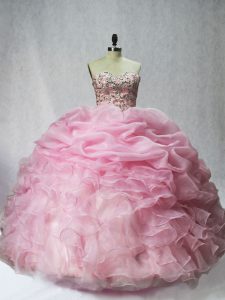 Sweetheart Sleeveless 15th Birthday Dress Floor Length Beading and Ruffles and Pick Ups Baby Pink Organza