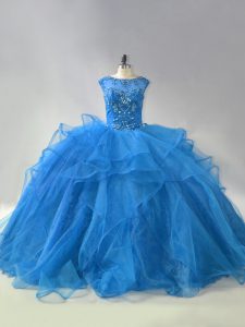 Stylish Lace Up Sweet 16 Quinceanera Dress Blue for Sweet 16 and Quinceanera with Beading and Ruffles Brush Train