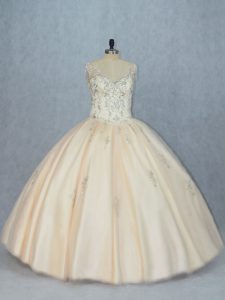 Trendy Champagne Tulle Lace Up V-neck Sleeveless Floor Length Quinceanera Gown Beading