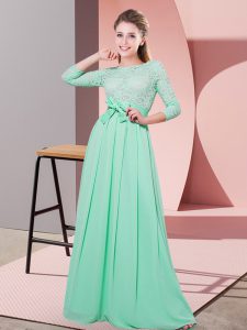 Apple Green Scoop Side Zipper Lace and Belt Quinceanera Dama Dress 3 4 Length Sleeve