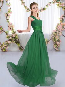 Captivating Empire Vestidos de Damas Dark Green One Shoulder Chiffon Sleeveless Floor Length Lace Up
