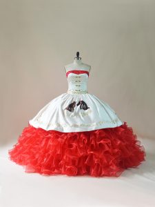 Designer White And Red Lace Up Strapless Embroidery and Ruffles Quinceanera Gowns Organza Sleeveless Brush Train