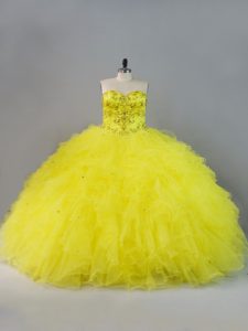 Fitting Ball Gowns 15th Birthday Dress Yellow Sweetheart Tulle Sleeveless Floor Length Lace Up