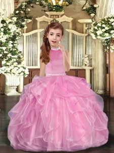 Halter Top Sleeveless Lace Up Pageant Dress Wholesale Baby Pink Organza