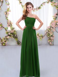 Empire Quinceanera Court of Honor Dress Dark Green One Shoulder Chiffon Sleeveless Floor Length Zipper