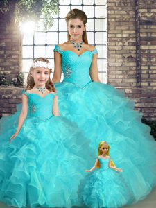 Customized Off The Shoulder Sleeveless Lace Up Vestidos de Quinceanera Aqua Blue Organza
