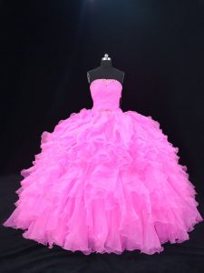 Popular Strapless Sleeveless Lace Up Sweet 16 Dress Pink and Rose Pink Organza