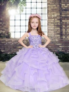 Lavender Tulle Lace Up Little Girls Pageant Gowns Sleeveless Floor Length Beading and Ruffles