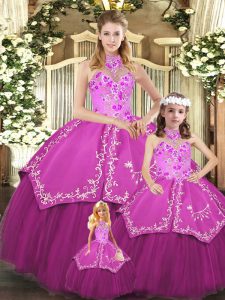 Spectacular Floor Length Fuchsia 15th Birthday Dress Satin and Tulle Sleeveless Embroidery