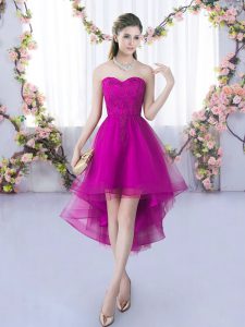 Sleeveless Tulle High Low Lace Up Vestidos de Damas in Fuchsia with Lace