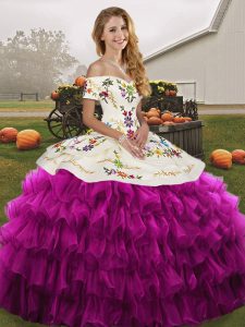 Delicate Fuchsia Off The Shoulder Lace Up Embroidery and Ruffled Layers 15 Quinceanera Dress Sleeveless