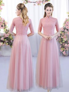 Nice Half Sleeves Floor Length Lace Zipper Quinceanera Court Dresses with Pink