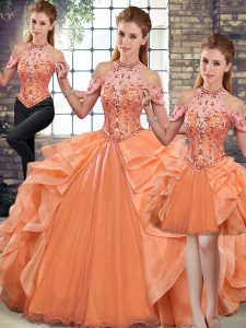 Graceful Orange Three Pieces Beading and Ruffles Sweet 16 Dresses Lace Up Organza Sleeveless Floor Length