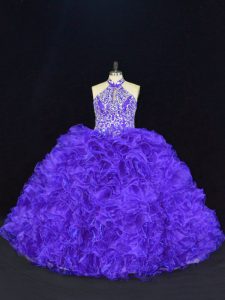 Sleeveless Floor Length Beading and Ruffles Lace Up Quinceanera Dresses with Purple