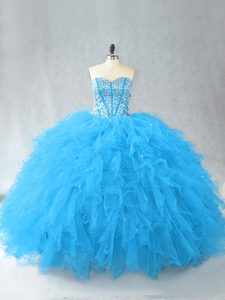 Beauteous Sleeveless Tulle Floor Length Lace Up Quinceanera Gown in Baby Blue with Beading and Ruffles
