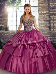 Extravagant Fuchsia Ball Gowns Taffeta Straps Sleeveless Beading and Ruffled Layers Floor Length Lace Up Sweet 16 Dress
