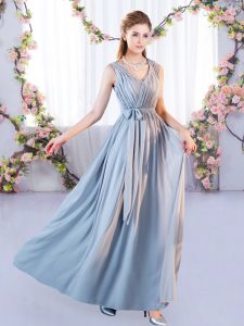 Elegant Grey Chiffon Lace Up Quinceanera Court of Honor Dress Sleeveless Floor Length Belt