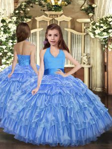 Modern Blue Sleeveless Organza Lace Up Pageant Gowns For Girls for Party and Wedding Party