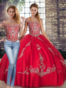 Modest Red Two Pieces Off The Shoulder Sleeveless Tulle Floor Length Lace Up Beading and Embroidery Vestidos de Quinceanera
