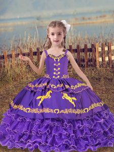 Lavender Lace Up Kids Pageant Dress Beading and Embroidery and Ruffled Layers Sleeveless Floor Length