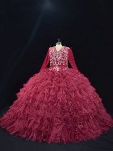 Chic Burgundy Ball Gowns Ruffled Layers Quinceanera Dress Lace Up Organza Long Sleeves Floor Length