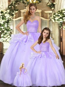 Lavender Lace Up Sweetheart Beading Sweet 16 Dresses Organza Sleeveless