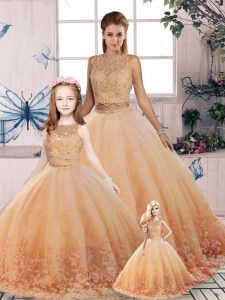 Attractive Lace Sweet 16 Dress Peach Backless Sleeveless Sweep Train