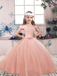 Ball Gowns Little Girls Pageant Gowns Peach Off The Shoulder Tulle Sleeveless Floor Length Lace Up