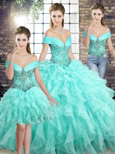 New Arrival Aqua Blue Sleeveless Beading and Ruffles Lace Up Sweet 16 Quinceanera Dress