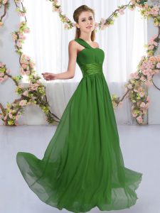 Sleeveless Floor Length Ruching Lace Up Damas Dress with Green