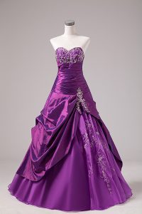 Fantastic Organza Sweetheart Sleeveless Lace Up Embroidery Quince Ball Gowns in Eggplant Purple
