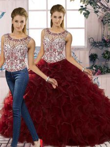 Nice Burgundy Quince Ball Gowns Military Ball and Sweet 16 and Quinceanera with Beading and Ruffles Scoop Sleeveless Lace Up
