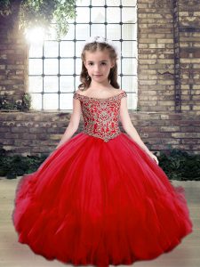 Unique Red Ball Gowns Beading Pageant Dress for Teens Lace Up Tulle Sleeveless Floor Length