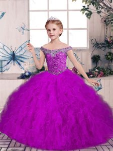 Exquisite Purple Tulle Lace Up Pageant Gowns For Girls Sleeveless Floor Length Beading and Ruffles