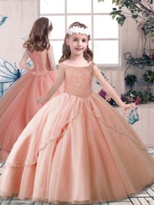 High Quality Peach Lace Up Little Girls Pageant Dress Wholesale Beading Sleeveless Floor Length