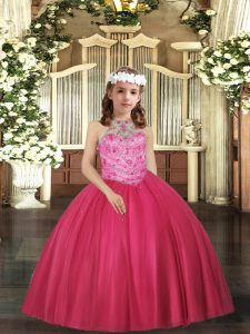 Eye-catching Hot Pink Ball Gowns Halter Top Sleeveless Tulle Floor Length Lace Up Beading Little Girl Pageant Gowns