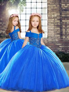 Royal Blue Straps Neckline Beading Little Girl Pageant Gowns Sleeveless Lace Up