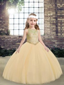 Fashion Floor Length Lace Up Child Pageant Dress Peach for Party and Military Ball and Wedding Party with Beading