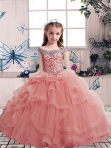 Pink Ball Gowns Scoop Sleeveless Tulle Floor Length Lace Up Beading and Ruffles Kids Pageant Dress
