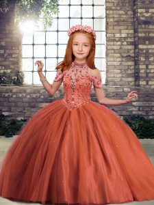 Beading Child Pageant Dress Rust Red Lace Up Sleeveless Floor Length