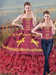 Burgundy Sleeveless Satin and Organza Brush Train Lace Up 15th Birthday Dress for Sweet 16 and Quinceanera