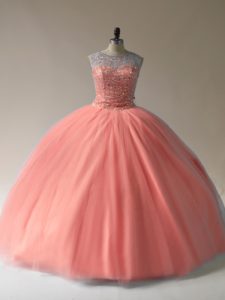 Peach Tulle Lace Up Sweet 16 Dress Sleeveless Floor Length Beading